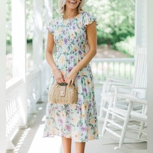 Floral Tiered Midi Dress in Mint with Lavender and Peach
